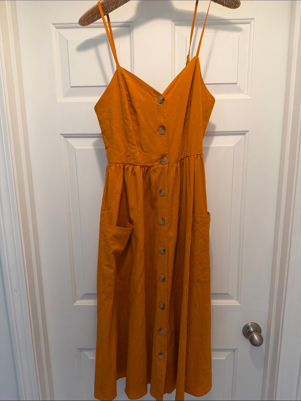 Button-Front Spaghetti Strap Midi Dress in Paprika